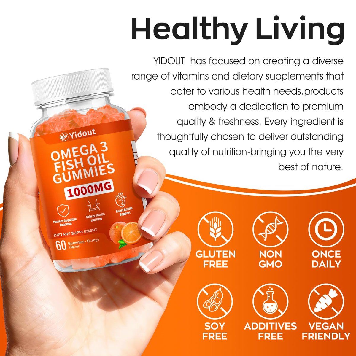 Yidout Omega 3 Fish Oil Gummies, Delicious Orange Flavor Fish Oil Gummy Supplements for Joint, Heart Health, & Brain Support (60 Count（Pack of 1）) - görsel 7