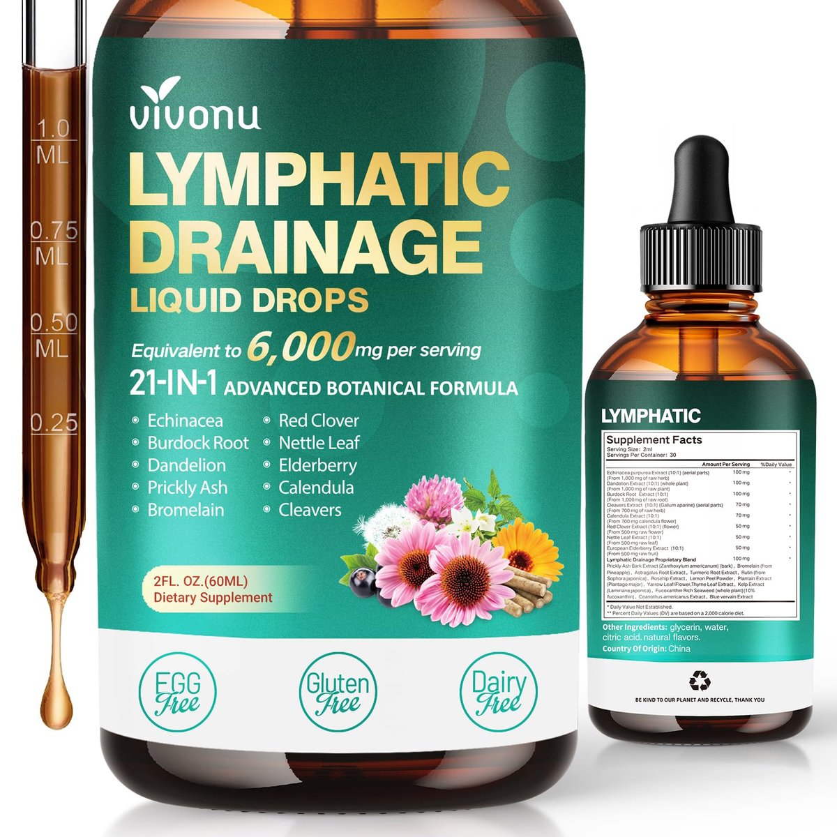 21-in-1 Lymphatic Drainage Drops for Liposomal, Immune & Lymph System Support Supplement for Women & Men with Echinacea, Dandelion, Burdock, Bromelain, Calendula, Turmeric & More, 2 FL OZ - görsel 2