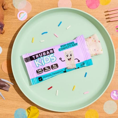 TRUBAR Kids Protein Bars, Pop Goes Confetti, Plant Based Protein, Gluten Free School-Friendly Snacks for Lunchboxes, Tree Nut and Peanut Free, Low Sugar, Healthy On the Go Snack Bars, 12 Count