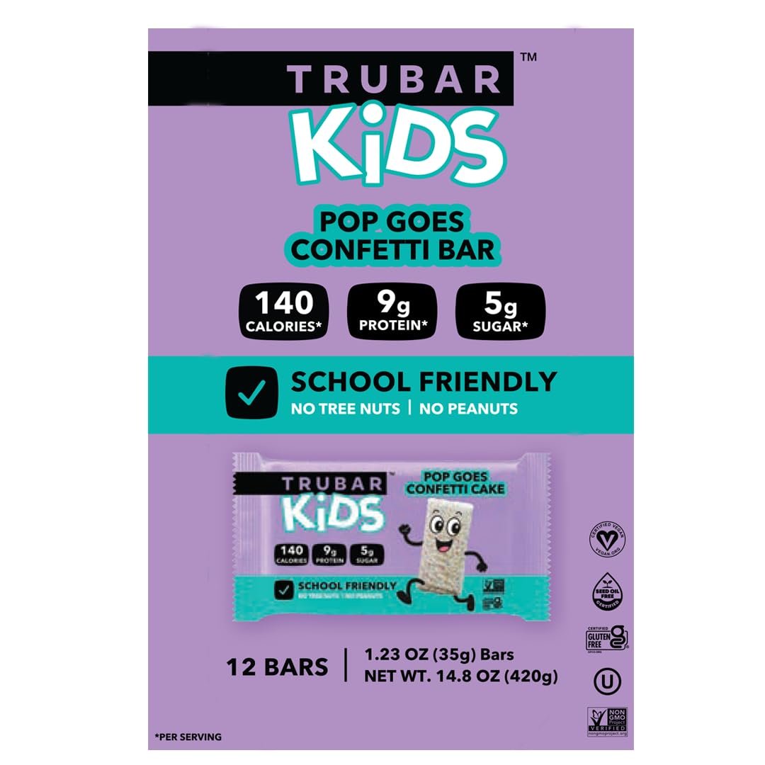 TRUBAR Kids Protein Bars, Pop Goes Confetti, Plant Based Protein, Gluten Free School-Friendly Snacks for Lunchboxes, Tree Nut and Peanut Free, Low Sugar, Healthy On the Go Snack Bars, 12 Count - görsel 2