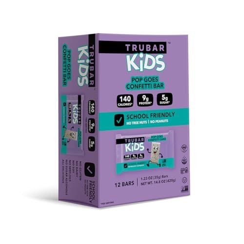 TRUBAR Kids Protein Bars, Pop Goes Confetti, Plant Based Protein, Gluten Free School-Friendly Snacks for Lunchboxes, Tree Nut and Peanut Free, Low Sugar, Healthy On the Go Snack Bars, 12 Count - görsel 8