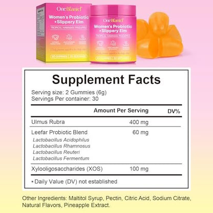 Feminine Probiotics Gummies for Women with Slippery Elm, Vaginal Probiotics for Women Gummies, Feminine Balance pH Gummies for Healthy Odor, Improve Immune, Support Vaginal Health - 60 Pineapple Gummies