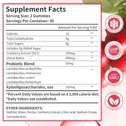 Wordln Women Probiotic Gummies for Feminine Health, Supports pH Balance, Vaginal Health, Odor Control & Yeast Balance, Digestive & Immune Support, Sugar Free Cranberry Flavor, 60 Count (Pack of 1)