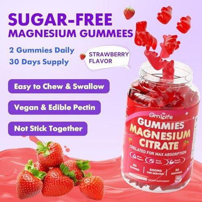 2 Pack Magnesium Citrate Gummies 600mg for Women Men, High Absorption Magnesium Supplement Gummies for Calm, Relaxation, Muscle Health, Vegan, Strawberry Flavor, 120 Count