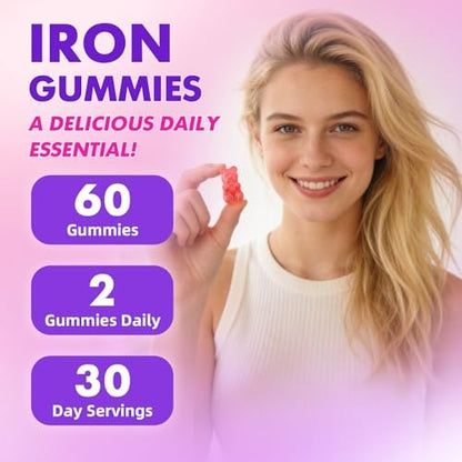 softbear Iron Gummies for Women & Men & Kids, Chewable Iron Supplements with Vitamin C, B3, B5, B6, B12 Supports Immune System, Energy & Vitality, Sugar-Free/Vegan, Strawberry Flavor 60 Count