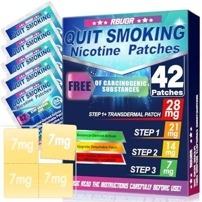 RBUGR Nicotine Patches 42 Pack - 28mg Stop Smoking Aids That Work with Adjustable Dosing (7mg/14mg/21mg) Quit Smoking Patches & Step-Down Program | 24HR Release