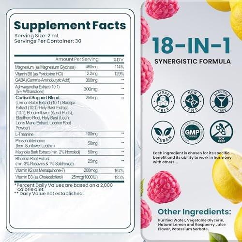 Cortisol Supplements for Women & Men, 18 in 1 Stress & Mood Support Drops with Magnesium 480mg, GABA, Ashwagandha, L-Theanine & Phosphatidylserine, for Relaxation & Sleep, Lemon Raspberry Flavor 60mL - görsel 1