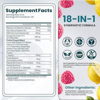Cortisol Supplements for Women & Men, 18 in 1 Stress & Mood Support Drops with Magnesium 480mg, GABA, Ashwagandha, L-Theanine & Phosphatidylserine, for Relaxation & Sleep, Lemon Raspberry Flavor 60mL