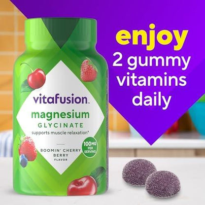 vitafusion Magnesium Glycinate Gummy Supplement, 100 mg per Serving Supports Muscle Relaxation for Adult Women & Men, Boomin’ Cherry Berry Flavor, 60 Count