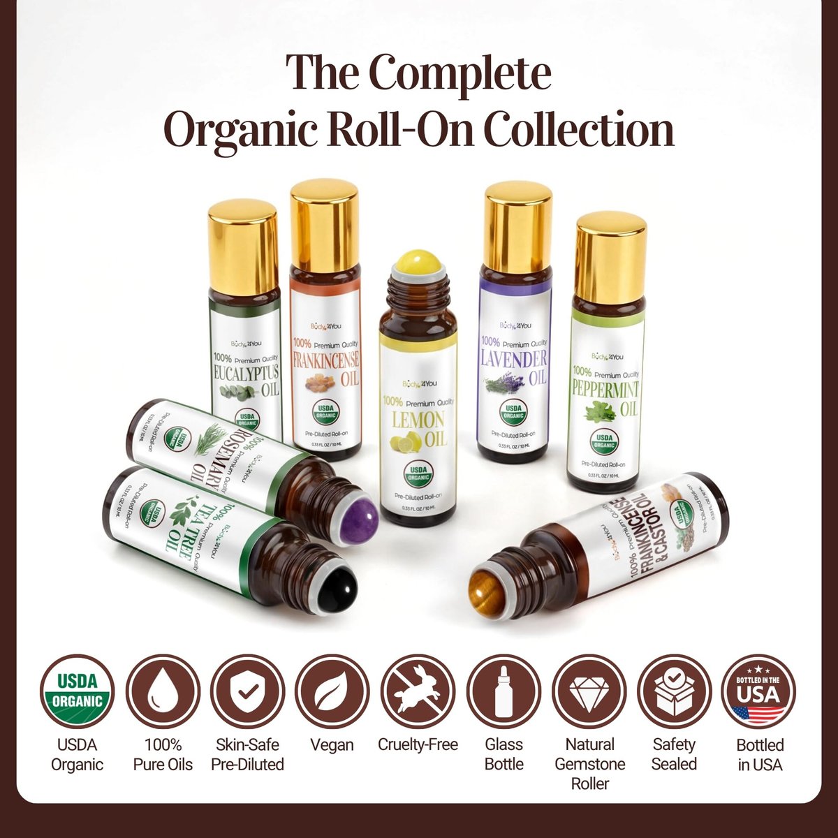 Castor Oil Frankincense Essential Oil Roll On for Face Eyebrows Under Eye - 100% Pure USDA Organic MCT Coconut - Dark Circles Fine Lines Facial Skin Care Serum - Gemstone Roller 10ml Travel Size - görsel 10