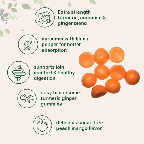 Turmeric Ginger Gummies, 120 Count | Sugar Free Peach Mango Flavored | Extra Strength Curcumin with Black Pepper for Enhanced Absorption | Non-GMO - görsel 6