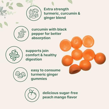 Turmeric Ginger Gummies, 120 Count | Sugar Free Peach Mango Flavored | Extra Strength Curcumin with Black Pepper for Enhanced Absorption | Non-GMO