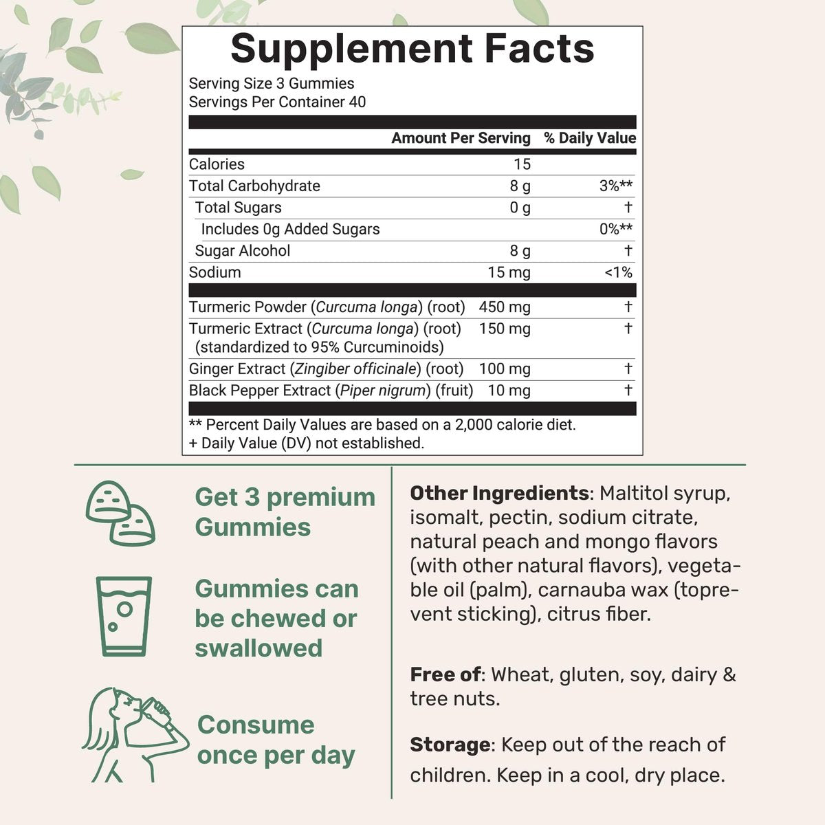 Turmeric Ginger Gummies, 120 Count | Sugar Free Peach Mango Flavored | Extra Strength Curcumin with Black Pepper for Enhanced Absorption | Non-GMO - görsel 3