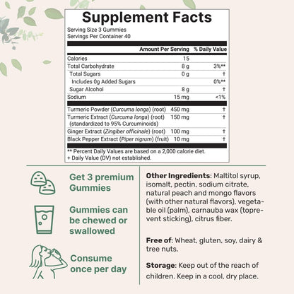 Turmeric Ginger Gummies, 120 Count | Sugar Free Peach Mango Flavored | Extra Strength Curcumin with Black Pepper for Enhanced Absorption | Non-GMO