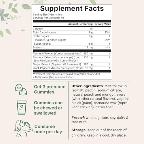 Turmeric Ginger Gummies, 120 Count | Sugar Free Peach Mango Flavored | Extra Strength Curcumin with Black Pepper for Enhanced Absorption | Non-GMO - görsel 4