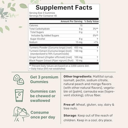 Turmeric Ginger Gummies, 120 Count | Sugar Free Peach Mango Flavored | Extra Strength Curcumin with Black Pepper for Enhanced Absorption | Non-GMO