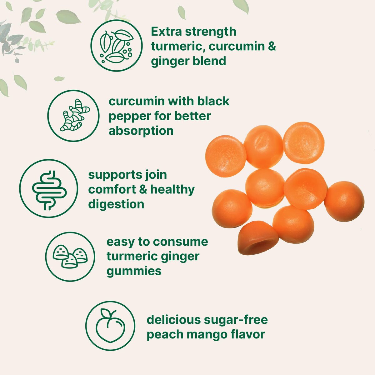Turmeric Ginger Gummies, 120 Count | Sugar Free Peach Mango Flavored | Extra Strength Curcumin with Black Pepper for Enhanced Absorption | Non-GMO - görsel 5