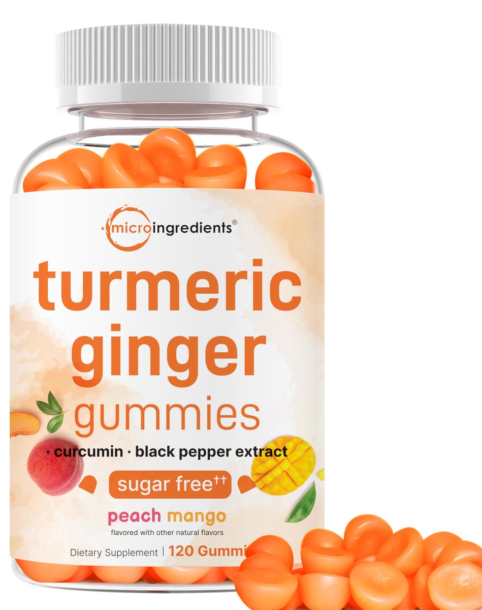 Turmeric Ginger Gummies, 120 Count | Sugar Free Peach Mango Flavored | Extra Strength Curcumin with Black Pepper for Enhanced Absorption | Non-GMO - görsel 1