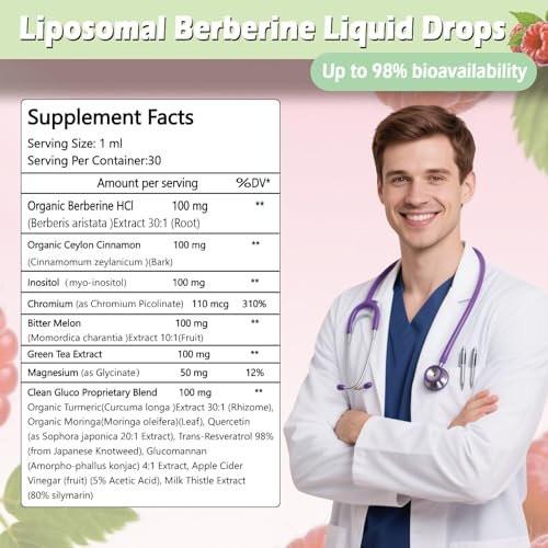 Liposomal Berberine Liquid Drops, 14-in-1 Berberine HCL with Ceylon Cinnamon Chromium Picolinate Magnesium Bitter Melon Milk Thistles | Organic Berberine Complex for Blood Sugar Liver Heart Metabolic - görsel 13