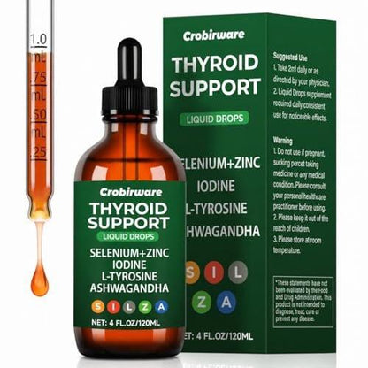 Crobirware Thyroid Support Complex Liquid Drops for Women & Men - High Potency Iodine, Zinc, Selenium & Ashwagandha for Cortisol & Stress Relief - Natural Metabolism & Energy Booster - 4 oz (120ml)
