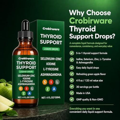 Crobirware Thyroid Support Complex Liquid Drops for Women & Men - High Potency Iodine, Zinc, Selenium & Ashwagandha for Cortisol & Stress Relief - Natural Metabolism & Energy Booster - 4 oz (120ml)