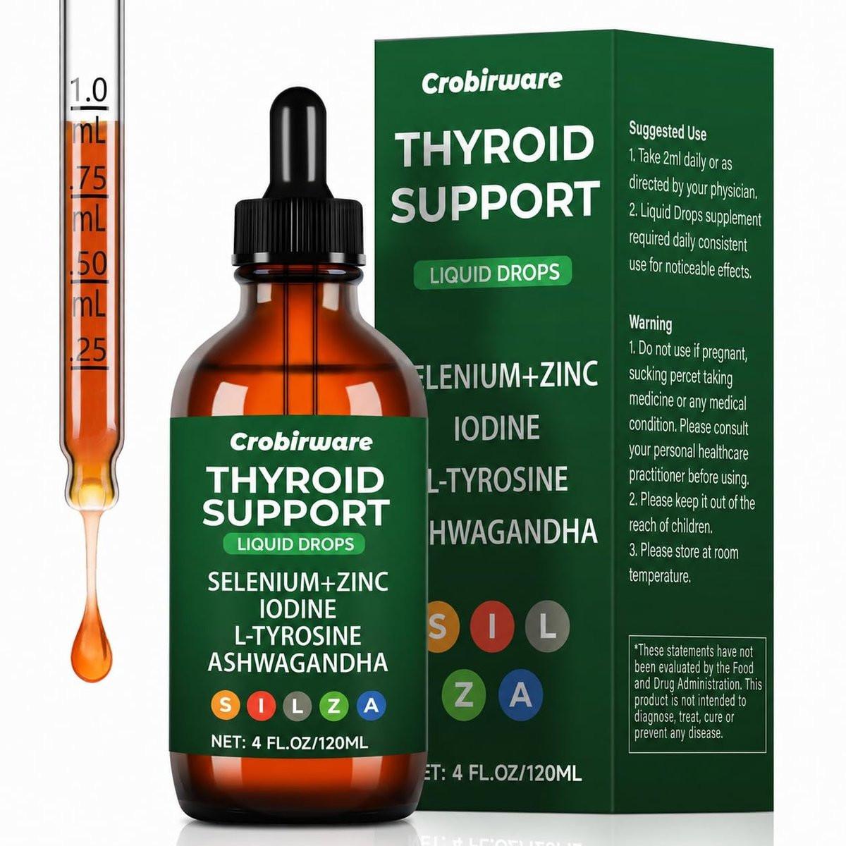 Crobirware Thyroid Support Complex Liquid Drops for Women & Men - High Potency Iodine, Zinc, Selenium & Ashwagandha for Cortisol & Stress Relief - Natural Metabolism & Energy Booster - 4 oz (120ml) - görsel 1