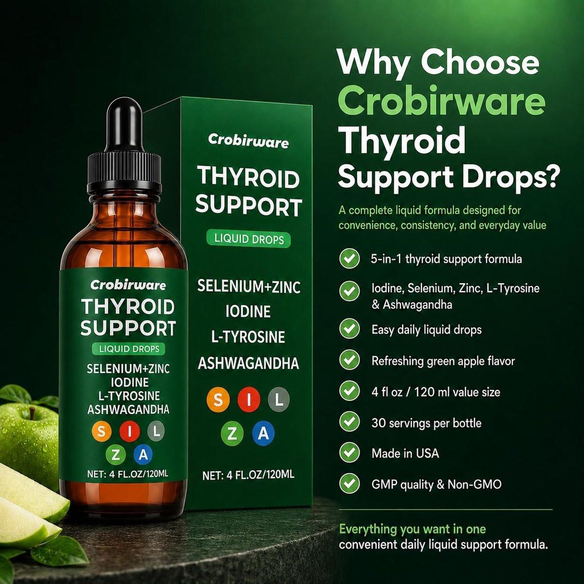 Crobirware Thyroid Support Complex Liquid Drops for Women & Men - High Potency Iodine, Zinc, Selenium & Ashwagandha for Cortisol & Stress Relief - Natural Metabolism & Energy Booster - 4 oz (120ml) - görsel 9