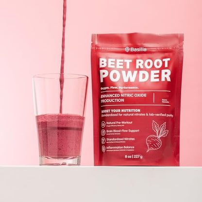 Basilia Beet Root Powder 8 oz | Premium Non-GMO Superfood for Energy, Circulation & Endurance | Rich in Antioxidants & Nitrates | Vegan, Gluten-Free, Sustainably Sourced