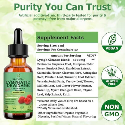 Lymphatic Drainage Drops, 18-in-1 Herbal Lymph System Support with Echinacea, Elderberry, Dandelion, Burdock Root, Cleavers for Lymphatic Cleanse Detox Immune Support, Liposomal for Max Absorption