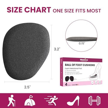 Ball of Foot Cushion Metatarsal Pads - Anti-Slip Metatarsal Pad to Prevent Feet Sliding, All Day Comfort Foot Insert Pads for High Heels, Sandals, Wedding, Party, Shopping (Black, 4 Pairs)