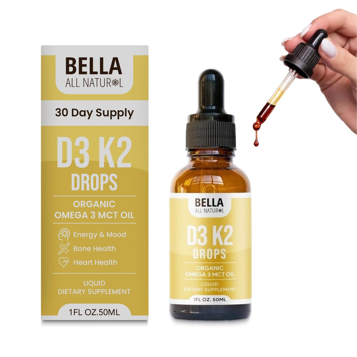 Bella All Natural Vitamin D3 K2 Liquid Drops 5000 IU (Unflavored) - Omega 3 with MCT Oil - Liquid Vitamin D Drops for Adults - This D3 K2 Drops Help Support Heart, Bone & Immune Health - görsel 1
