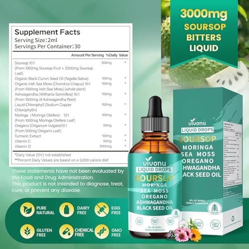 10-in-1 Soursop Bitters Liquid Drops 3000mg, Soursop Drops with Ashwagandha, Black Seed Oil, Moringa, Sea Moss for Natural Antioxidant, Cell Support & Regeneration, Immune Boost, Rich In Vitamin D & C - görsel 7
