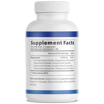 1000mg Magnesium Complex for Women & Men*, 8 Elemental with Magnesium Glycinate, Citrate, Malate, Taurate, Oxide, Carbonate, Aspartate, Orotate for Bones, Muscle, Recovery, Energy, Vegan, 90 Capsules