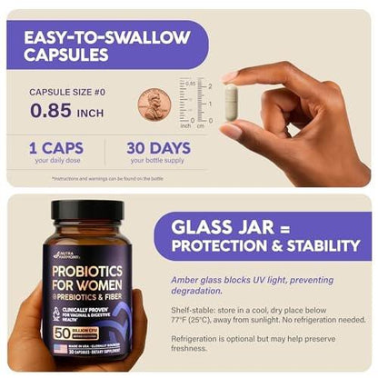 Probiotics for Women 50 Billion CFU - Vaginal Probiotics Clinically Proven for Yeast & pH Balance - Digestion & Bloating Relief - 8 Strains + Prebiotics - Delay Release - Lab Tested, 60 Capsules