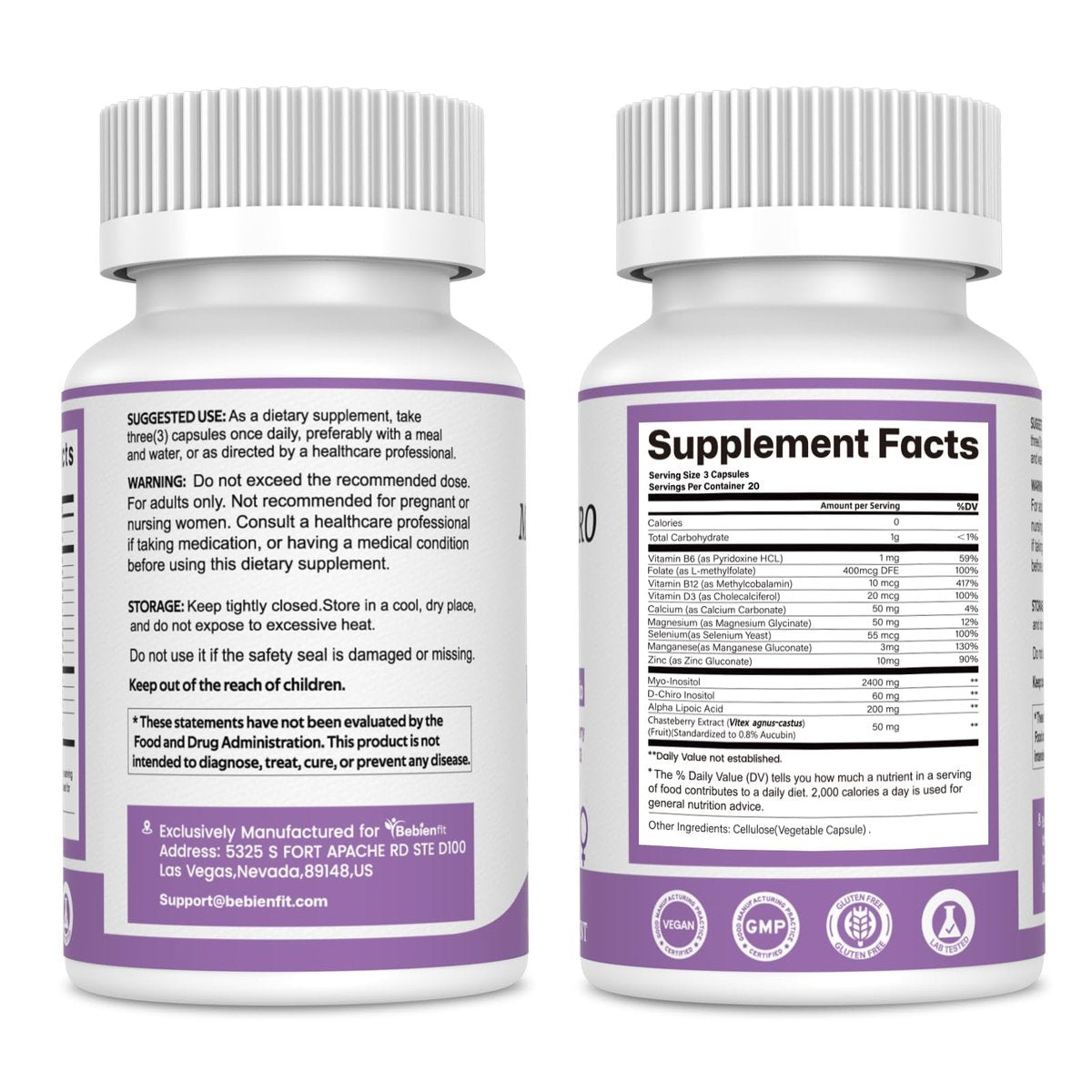 Bebien fit 13-in-1 Myo Inositol & D-Chiro Inositol for Women, 2460mg - 40:1 Ratio Supplement Plus Alpha Lipoic Acid/Folate/Vitex/Magnesium, 60 Vegan Capsules - görsel 17