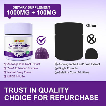 NUTRAGOGO Ashwagandha Gummies & Vitamin D3 Gummies Organic Aswangdha Supplement for Improve Sleep, Stress Relief & Mood Calm (Grape Berry, Non-GMO, Gluten-Free & Sugar Free) - 1 Pack