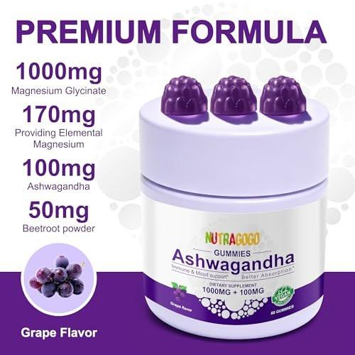NUTRAGOGO Ashwagandha Gummies & Vitamin D3 Gummies Organic Aswangdha Supplement for Improve Sleep, Stress Relief & Mood Calm (Grape Berry, Non-GMO, Gluten-Free & Sugar Free) - 1 Pack - görsel 14