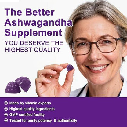 NUTRAGOGO Ashwagandha Gummies & Vitamin D3 Gummies Organic Aswangdha Supplement for Improve Sleep, Stress Relief & Mood Calm (Grape Berry, Non-GMO, Gluten-Free & Sugar Free) - 1 Pack