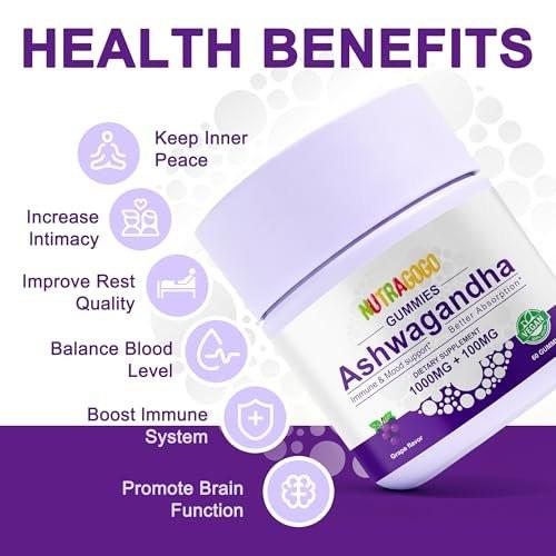 NUTRAGOGO Ashwagandha Gummies & Vitamin D3 Gummies Organic Aswangdha Supplement for Improve Sleep, Stress Relief & Mood Calm (Grape Berry, Non-GMO, Gluten-Free & Sugar Free) - 1 Pack - görsel 10