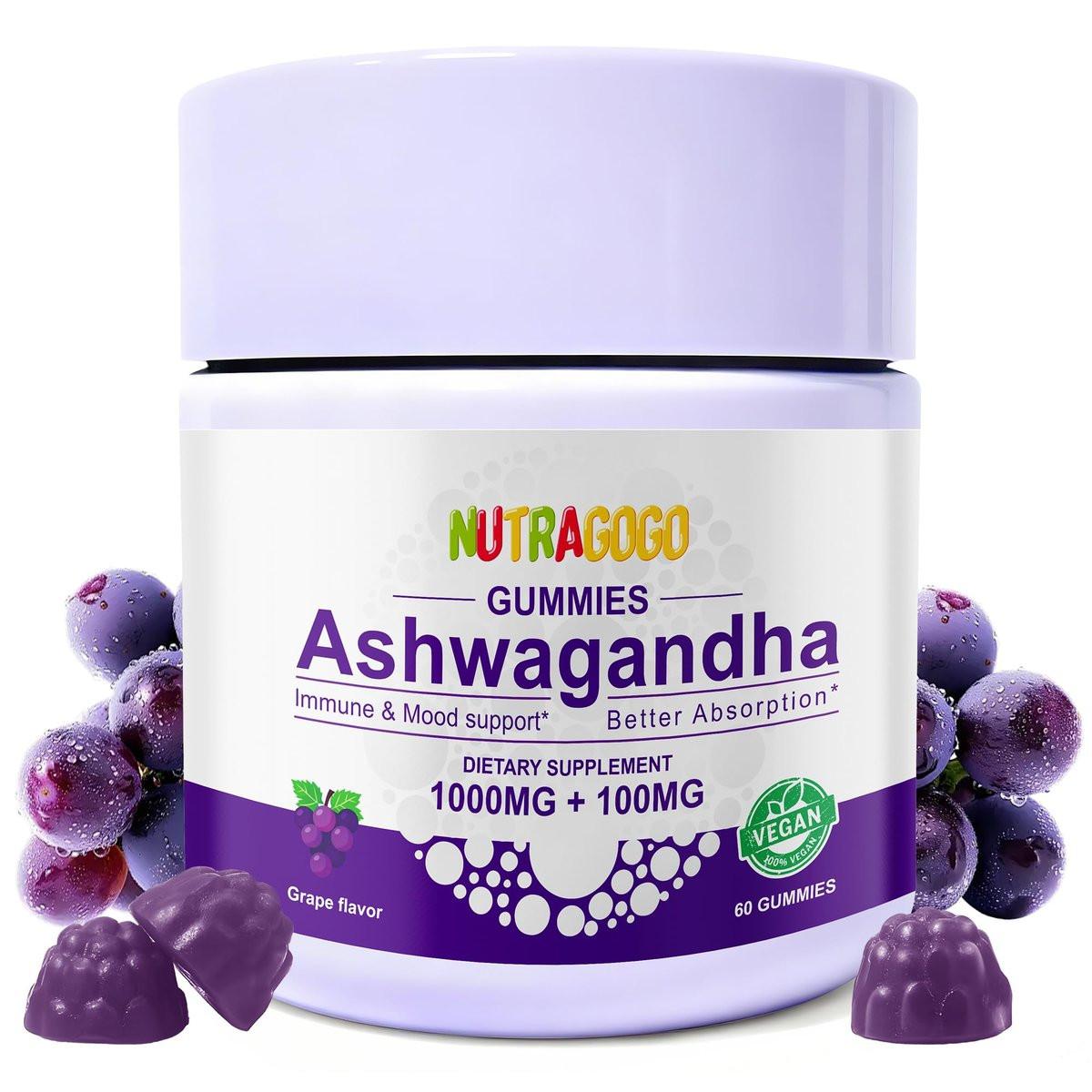 NUTRAGOGO Ashwagandha Gummies & Vitamin D3 Gummies Organic Aswangdha Supplement for Improve Sleep, Stress Relief & Mood Calm (Grape Berry, Non-GMO, Gluten-Free & Sugar Free) - 1 Pack - görsel 1