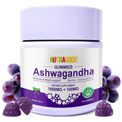 NUTRAGOGO Ashwagandha Gummies & Vitamin D3 Gummies Organic Aswangdha Supplement for Improve Sleep, Stress Relief & Mood Calm (Grape Berry, Non-GMO, Gluten-Free & Sugar Free) - 1 Pack