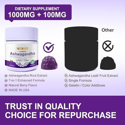 NUTRAGOGO Ashwagandha Gummies & Vitamin D3 Gummies Organic Aswangdha Supplement for Improve Sleep, Stress Relief & Mood Calm (Grape Berry, Non-GMO, Gluten-Free & Sugar Free) - 2 Pack