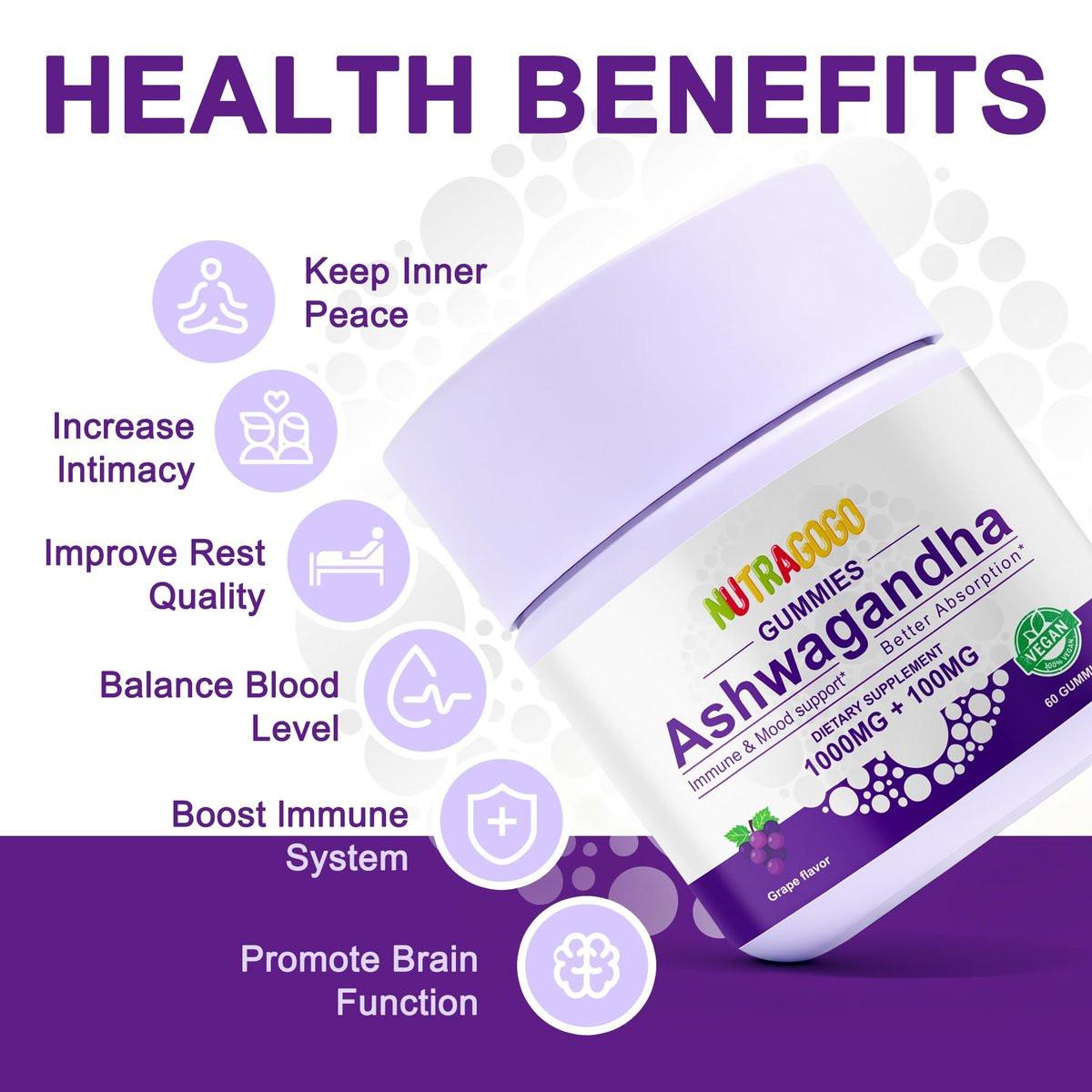 NUTRAGOGO Ashwagandha Gummies & Vitamin D3 Gummies Organic Aswangdha Supplement for Improve Sleep, Stress Relief & Mood Calm (Grape Berry, Non-GMO, Gluten-Free & Sugar Free) - 1 Pack - görsel 9