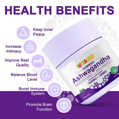NUTRAGOGO Ashwagandha Gummies & Vitamin D3 Gummies Organic Aswangdha Supplement for Improve Sleep, Stress Relief & Mood Calm (Grape Berry, Non-GMO, Gluten-Free & Sugar Free) - 1 Pack