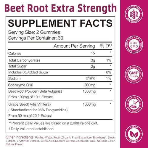 Yalei Beet Root Gummies for Blood Pressure | Sugar-Free | Beetroot Supplement with 1000 mg Beet Root, 1000 mg Grape Seed Extract & 200 mg CoQ10 | Vegan Non-GMO | Strawberry Flavor - görsel 5