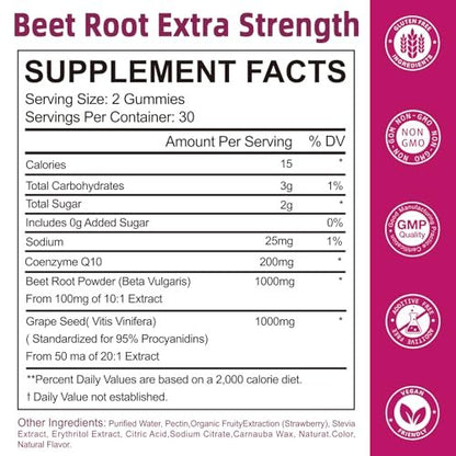 Yalei Beet Root Gummies for Blood Pressure | Sugar-Free | Beetroot Supplement with 1000 mg Beet Root, 1000 mg Grape Seed Extract & 200 mg CoQ10 | Vegan Non-GMO | Strawberry Flavor