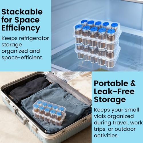 KBVASOTZ Twin-Pack 10mL Vial Organizer for Refrigerator - 2x10 Slots Stackable Plastic Medical Case, Fridge & Freezer Safe Holder for Insulin, Peptides, Semaglutide & Diabetic Supplies - görsel 11