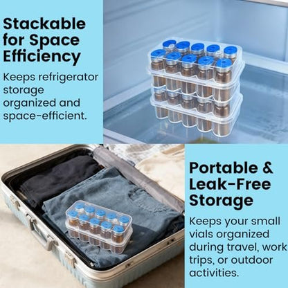 KBVASOTZ Twin-Pack 10mL Vial Organizer for Refrigerator - 2x10 Slots Stackable Plastic Medical Case, Fridge & Freezer Safe Holder for Insulin, Peptides, Semaglutide & Diabetic Supplies