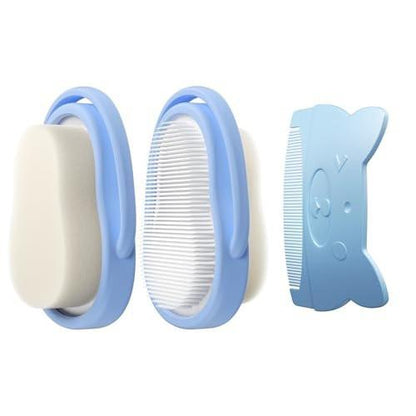 Wishbird 3-in-1 Baby Cradle Cap Brush Kit, Soft Brush, Curved Comb & Bath Sponge | BPA-Free Cradle Cap Treatment Set for Newborns & Infants Scalp Massage Dry Skin Flakes Removal, Light Blue