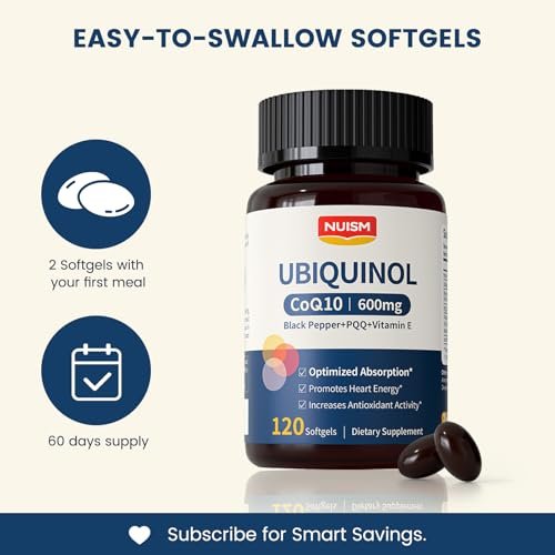 NUISM CoQ10 600mg Softgels, Ubiquinol Q10 Coenzyme Supplement, Coq 10 600mg Vitamins Maximum Absorption, Antioxidant Support for Heart Health & Energy - görsel 1